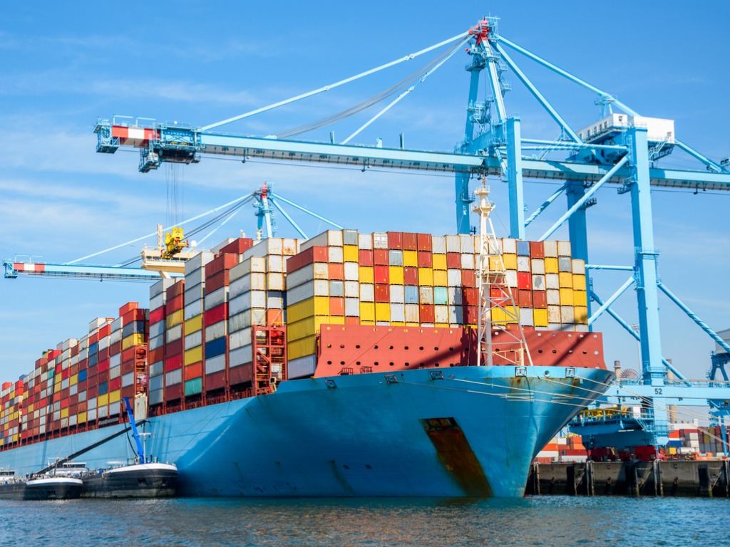 Arge container ship in port on a clear summer day